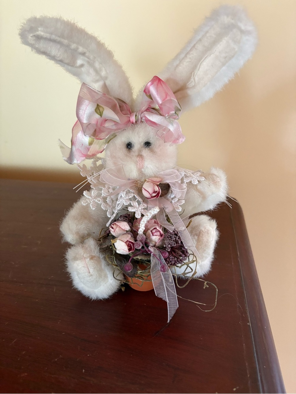 OOAK Bunny Plush With Terra Cotta Flower Pot Lace and Rosebud Embellished